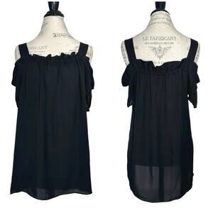 Heather | Women | 100% Silk Black Off Shoulder Ruffle Blouse Top | Large